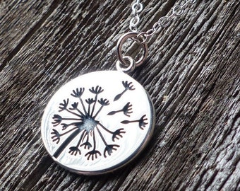 Dandelion Necklace, Sterling Silver, Charm Jewelry, Flower Necklace, Wish, Hope, Nature Inspired, Round Pendant, Etched Disk, Grad Gift