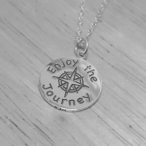 Enjoy the Journey, Sterling Silver, Charm Necklace, Compass Pendant, Motivational, Message Jewelry, Back to School, Grad Gift, Affirmation image 1