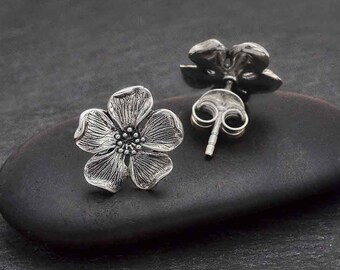 Cherry Blossom Sterling Silver Post Earrings, Tiny Studs, Clutch Back, Petite Jewelry, Flowers, Botanical, Modern Minimalism, Nature