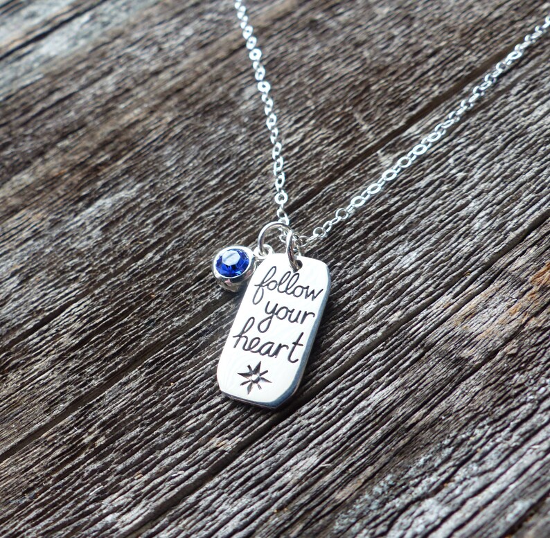 Follow Your Heart Compass Necklace, Mantra Charm, Birthstone Charm