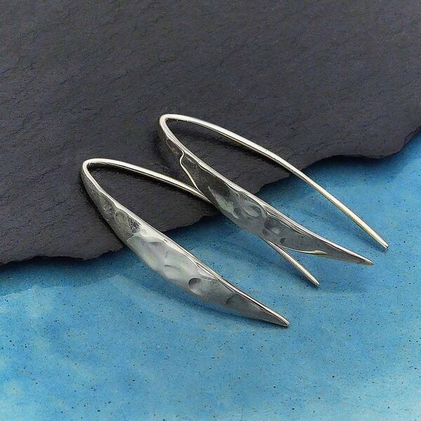 Modern Minimalism Hammered Sterling Silver Earrings, Petite, Slim, Pointed Drop, Dagger Shaped, Light and Airy Ear Wires, Everyday Style