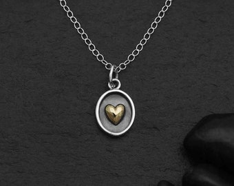 Shadowbox Heart charm necklace, mixed metals, oval pendant, oval charm, sterling silver, bronze, charm jewelry, Valentines, gifts for her