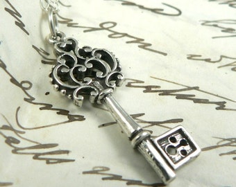 Antique Inspired Ornate Victorian Key necklace sterling silver