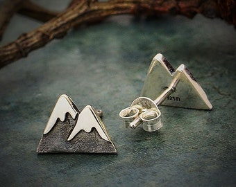 Snow Capped Mountains Post Earrings, Tiny Silver Studs, Clutch Back, Petite Jewelry, Two Tone, Recycled Sterling Silver, Nature, Outdoors