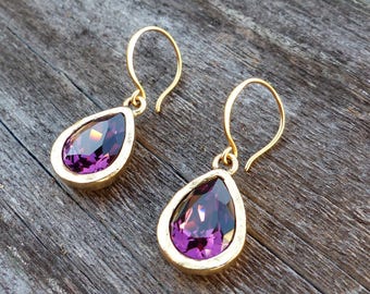 Hammered Gold and Purple Crystal Earrings, Drop Earrings, Dangle Earrings, Goldfill Ear Wires, Swarovski Crystal Elements, Pewter Bezel