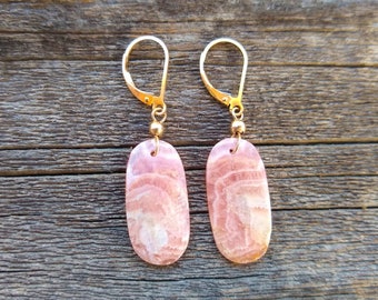 Rhodochrosite Earrings, Goldfilled Leverbacks, Coral Pink White, Gemstone Drops, Gem Dangle Earring, Gemstone Jewelry, Crystal Earrings