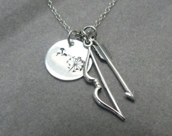 Bow and Arrow Necklace, Archer Inspired, Sterling Silver Charm Jewelry, Archery, Archer, Charms Cluster, Hope, Dandelion