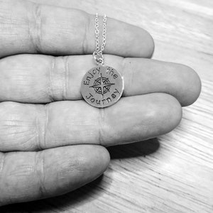 Enjoy the Journey, Sterling Silver, Charm Necklace, Compass Pendant, Motivational, Message Jewelry, Back to School, Grad Gift, Affirmation image 3