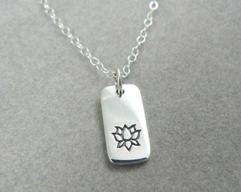 Lotus sterling silver tab charm necklace nature botanical yoga jewelry flower