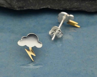 Lightning Storm Sterling Silver & Bronze Post Earrings, Tiny Studs, Clutch Back, Petite Jewelry, Silver Cloud, Bronze Bolt, Mixed Metals