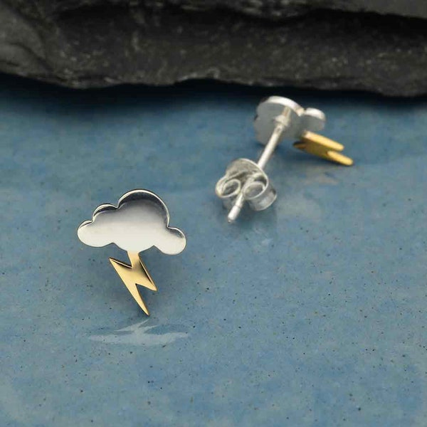 Lightning Storm Sterling Silver & Bronze Post Earrings, Tiny Studs, Clutch Back, Petite Jewelry, Silver Cloud, Bronze Bolt, Mixed Metals