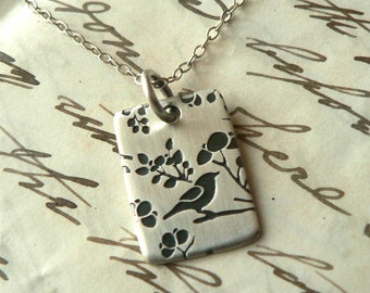 Bird and Cherry Blossom necklace Short Tail Sparrow Wren sterling tag pendant