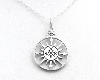 Compass Rose Sterling Silver Charm Necklace Nautical Pendant