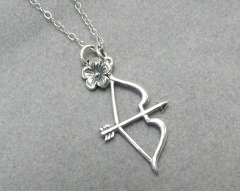 Bow and Arrow Necklace, Book Inspired, Sterling Silver, Charm Jewelry, Archery, Archer, Charms Cluster, Primrose Flower, Nocked Bow