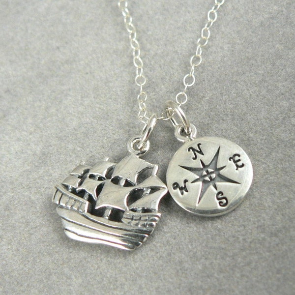 Voyage Sterling Silver Ship Compass Charm Necklace Nautical inspirational Jewelry Gift for Grads Travels Seeker