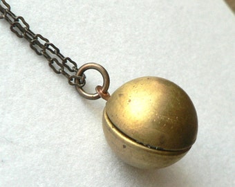 Vintage Brass Sphere Locket Globe Necklace Round Ball Patina Chain