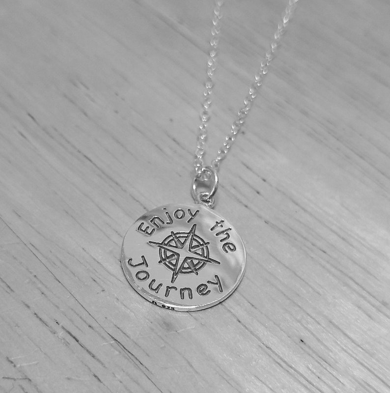Enjoy the Journey, Sterling Silver, Charm Necklace, Compass Pendant, Motivational, Message Jewelry, Back to School, Grad Gift, Affirmation image 1