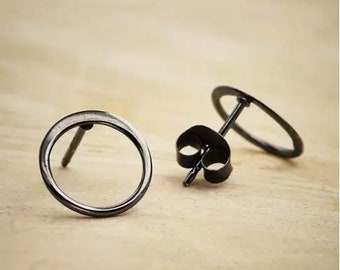 Black Open Circle Sterling Silver Post Earrings, Tiny Studs, Clutch Back, Petite Jewelry, Modern, Minimal, Simple Silver Studs