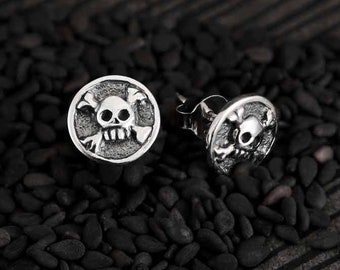 Skull and Crossbones Post Earrings, Dainty Studs, Tiny Pirate Medallion, Sterling Silver Ear Studs, Petite Jewelry, Clutch Back, Skulls