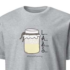 以下が含まれることがあります： LABS（乳酸菌血清）の入った瓶の漫画イラストと「#NaturalFarming」の文字が書かれたグレーのTシャツです。