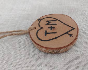 Valentine Love Heart Ornament - Hand Wood Burned in Birch Branch Tag