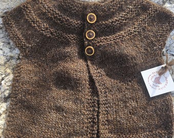 Hand Knit Wool Vest- Children's - Dark Brown - Size 3T - 5