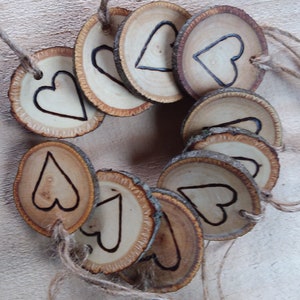 Set of 10 Branch Tags with Hand Wood Burned Heart Holiday Tags Gift Giving image 1