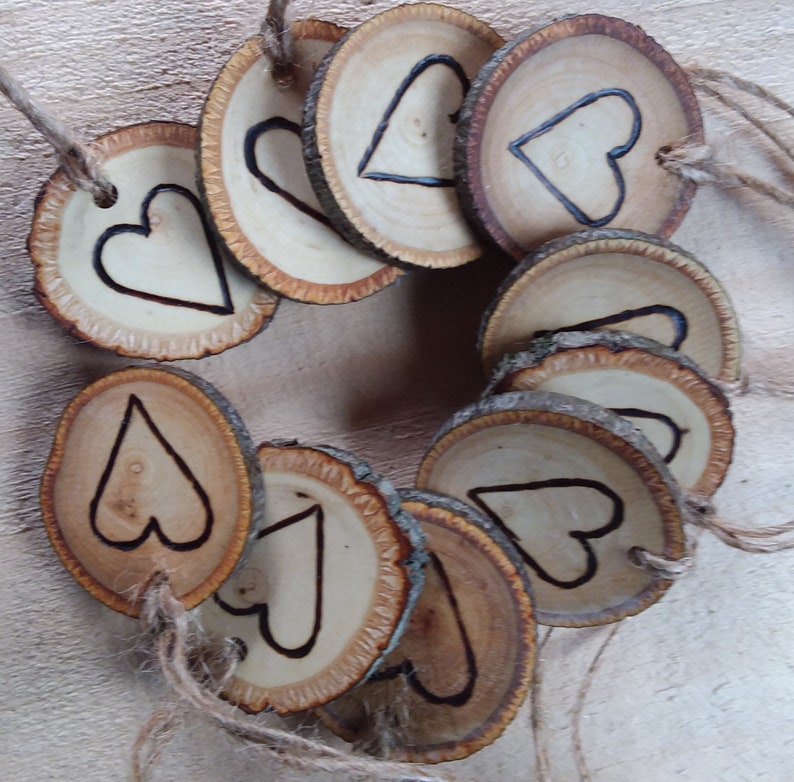 Set of 10 Branch Tags with Hand Wood Burned Heart Holiday Tags Gift Giving image 1