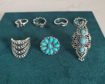 Set di anelli boho da 7 pezzi, anelli di pietra di luna, anelli di pietre preziose, gioielli etnici, gioielli boho, anelli estivi, regalo estivo per le donne, placcato argento
