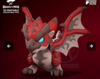 May include: A 3D printed red and brown dragon with wings, a small, cute, and stylized design. The dragon is posed in a standing position with its wings spread out. The dragon is a collectible toy.