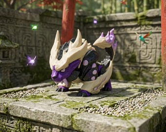 May include: A small, stylized creature figurine featuring a black body with purple accents, large cream-colored horns, and a pointed tail. The figure has sharp teeth and circular markings on its sides, standing in a quadrupedal pose with a fierce expression.