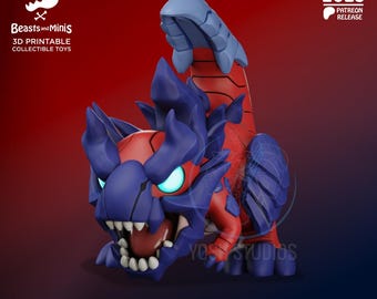 May include: A 3D-printed collectible toy of a Glavenus monster, featuring a blue and red color scheme. The image includes the text "Beasts and Minis 3D Printable Collectible Toys" and "APR 2025 Patreon Release". The toy is from Yosh Studios.