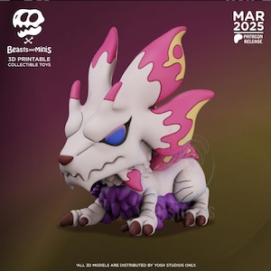 Op de afbeelding: Een 3D-geprint verzamelbaar speelgoed van een wit en roze wezen met paarse vacht en gele markeringen. Het wezen heeft een woeste uitdrukking en scherpe tanden. Het speelgoed maakt deel uit van de Beasts and Minis-collectie.