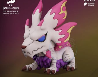 May include: A 3D printed collectible toy of a white and pink creature with purple fur and yellow markings. The creature has a fierce expression and sharp teeth. The toy is part of the Beasts and Minis collection.
