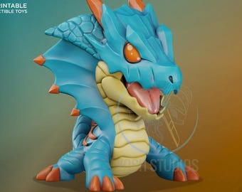 May include: A 3D-printed collectible toy dragon in a vibrant color scheme. The dragon features a light blue body, orange accents, and a yellow underbelly. The text "3D PRINTABLE COLLECTIBLE TOYS" is visible in the upper left corner.
