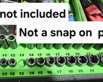 May include: Green socket organizer with 24 slots for sockets. The organizer has numbers 8 through 24 printed on it. The text "Tools not included" and "Not a snap on product" is printed on the image.