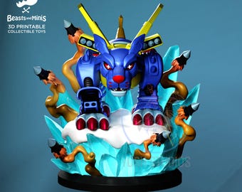 May include: A blue robotic creature figurine with red eyes and claws, featuring yellow shoulder armor and missiles. It stands on a white base surrounded by translucent light blue crystal shards and brown smoke trails. Text reads Beasts and Minis.