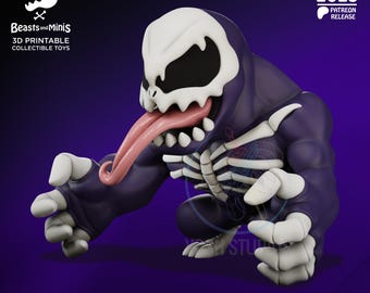 May include: A 3D-printed collectible toy of a monster with a skull-like head, a long pink tongue, and a skeleton design on its chest. The figure is primarily purple with white accents. The text "Beasts and Minis" and "3D Printable Collectible Toys" are visible.