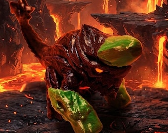 May include: A small, dark brown creature with a textured, armored body and a long, pointed tail. It features bright, translucent green accents on its head and front limbs, with glowing orange eyes set against a dark, rugged, volcanic landscape.