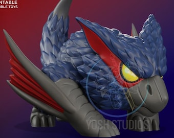 May include: A 3D-printed collectible toy of a stylized dragon. The dragon features a blue body with red accents on the wings and head. The eyes are yellow, and the overall design is detailed and textured. The text "3D PRINTABLE COLLECTIBLE TOYS" is visible.