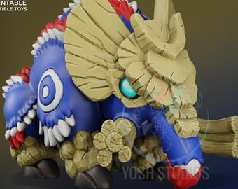 May include: A 3D-printed collectible toy of a fantasy creature. The figure is primarily blue with white, red, and tan accents. The text "3D PRINTABLE COLLECTIBLE TOYS" is at the top left. The text "YOSH STUDIOS" is at the bottom right.