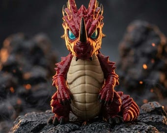 May include: A small, stylized dragon figurine with deep red scales, a cream-colored segmented underbelly, and a prominent black horn on its snout. The creature features large, bright blue eyes and sharp claws, sitting upright with a textured, rocky appearance.
