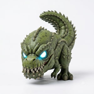 May include: A green, textured dinosaur figurine with a curved, spiked tail and sharp teeth. The creature features glowing, bright blue eyes that stand out against its olive-toned, scaly skin. It stands on two legs with a hunched, aggressive posture.
