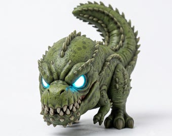 May include: A green, textured dinosaur figurine with a curved, spiked tail and sharp teeth. The creature features glowing, bright blue eyes that stand out against its olive-toned, scaly skin. It stands on two legs with a hunched, aggressive posture.