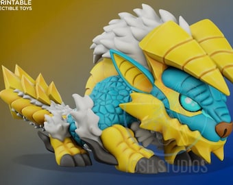 May include: A 3D printable collectible toy featuring a stylized creature with a turquoise scaled body, yellow horns and armor plates, and white spiky accents. The creature has glowing light blue eyes and a brown nose. Text reads 3D PRINTABLE COLLECTIBLE TOYS.