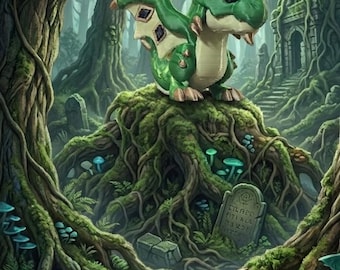 May include: A small green dragon figurine with cream-colored underbelly and wing accents, perched atop a mossy tree root base. The base features a small stone tombstone with illegible text, surrounded by blue mushrooms and dense forest foliage.