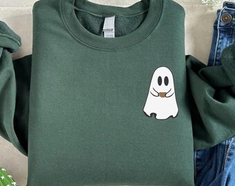 Embroidered Ghost with Coffee Sweatshirt, Halloween Crewneck