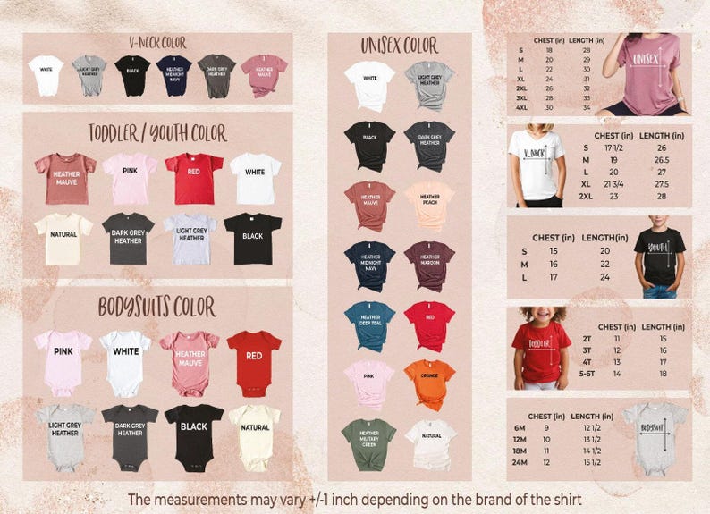 Może przedstawiać: Katalog produkt&oacute;w prezentujący r&oacute;żne style i kolory koszulek, w tym z dekoltem w serek, unisex, dla maluch&oacute;w, młodzieży i body. Opcje kolorystyczne obejmują biały, czarny, r&oacute;żowy, czerwony i szary melanż. Wyświetlane są r&oacute;wnież tabele rozmiar&oacute;w z wymiarami klatki piersiowej i długości w cm.