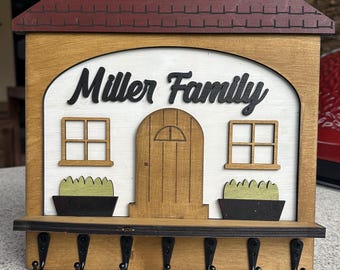Personalized House Shaped Key Holder with Metal Hooks - 100% Handmade in Custom Colors & Sizes