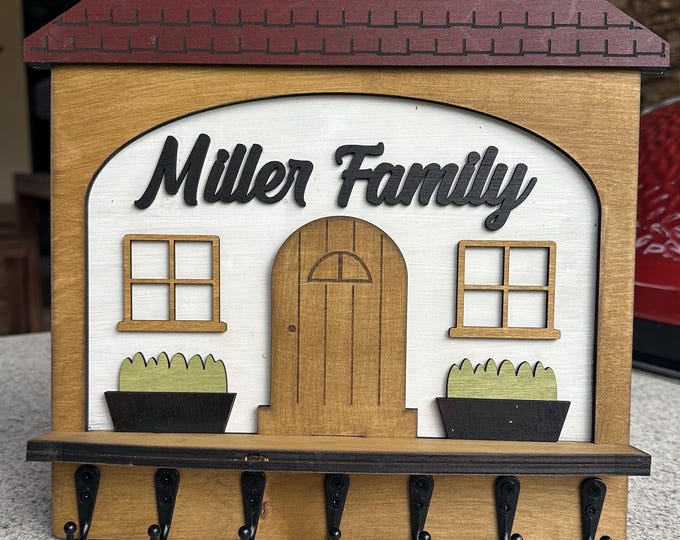Personalized House Shaped Key Holder with Metal Hooks - 100% Handmade in Custom Colors & Sizes